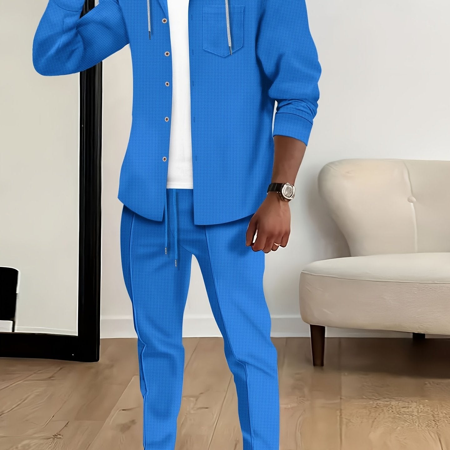 Men's Long Sleeve Hooded Waffle Solid Sports Suit Set for Spring and Autumn