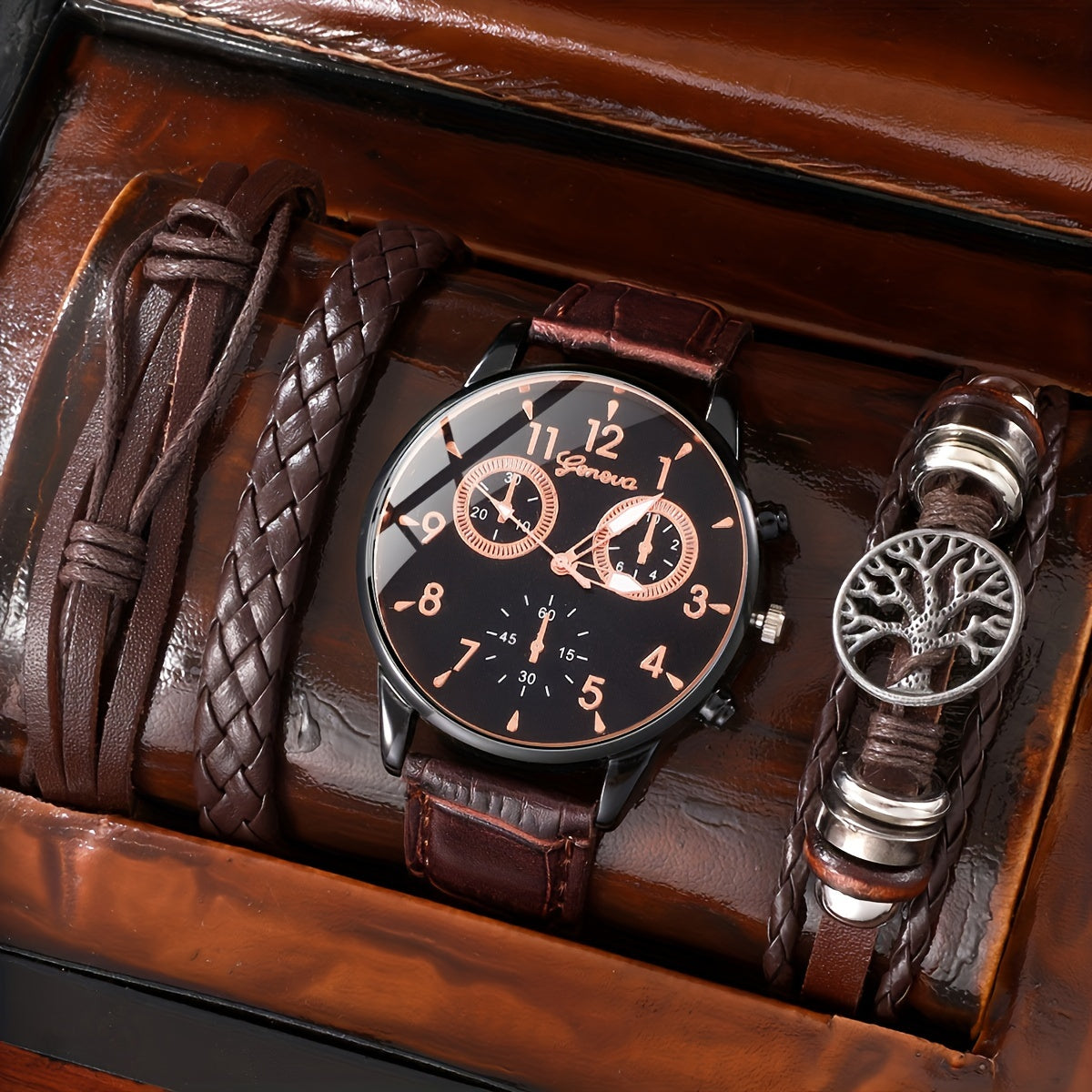 4-qismli to'plam, Erkaklar uchun minimalist va zamonaviy kichik diali kvarts soat va bilaguzuk to'plami, uning uchun mukammal sovg'a.