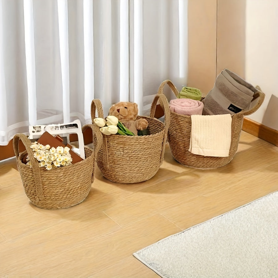 Handmade Woven Storage Baskets with Rustic Grass Finish for Laundry and Home Organization