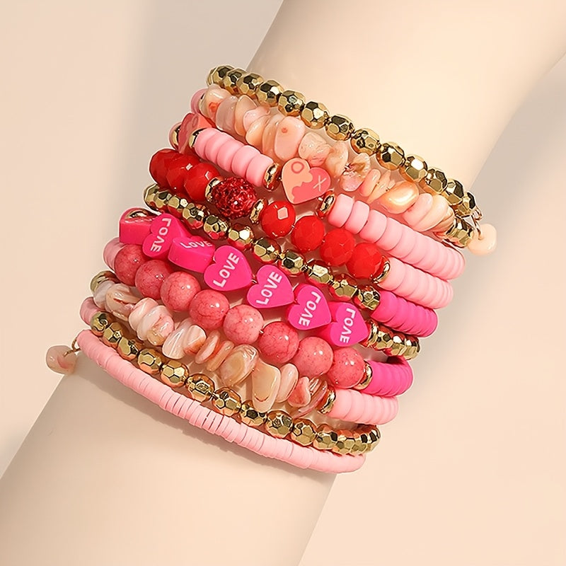 Multi-Layer Boho Chic Bracelet with Pink Heart Faux Stone Beads for Women