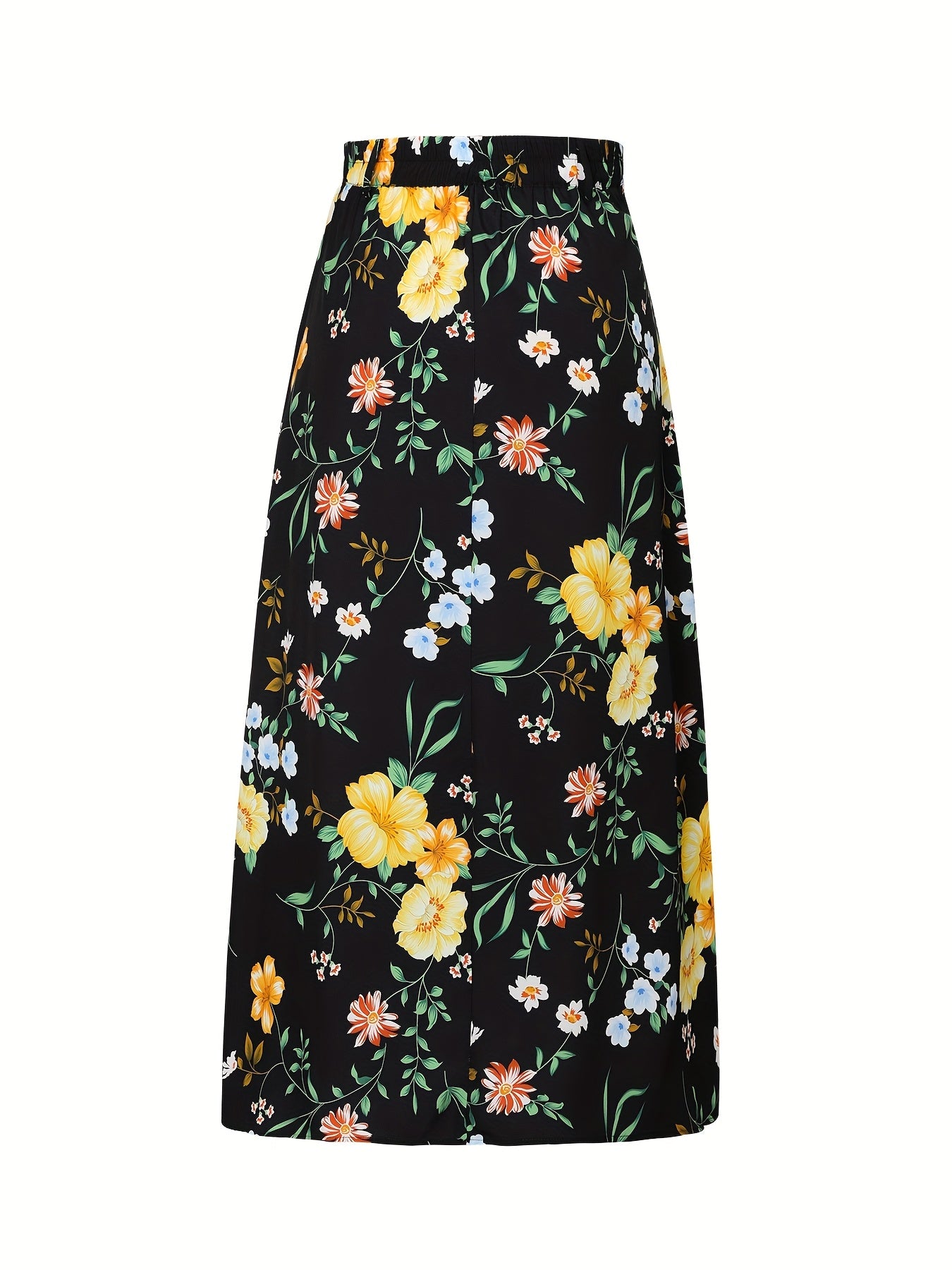 Plus Size Floral Print Midi Skirt With Pockets Polyester All-Season