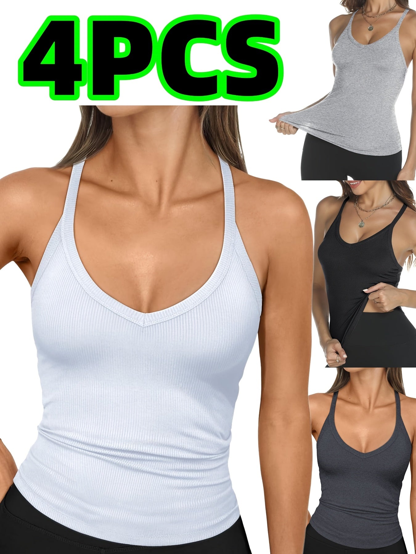 4-Pack Women's V-Neck Camisole Tops Polyester Stretch Knit Sleeveless Slim Fit