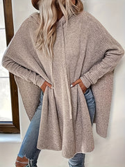 Women's Beige Hooded Sweater with Drawstring Batwing Sleeves