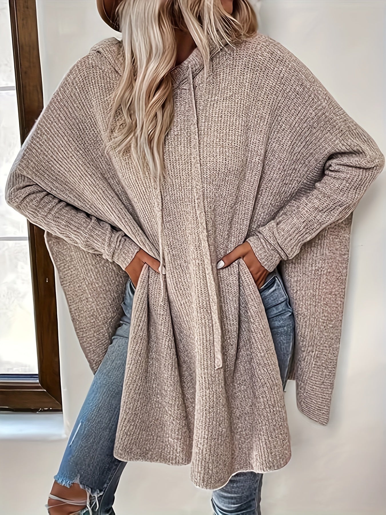 Women's Beige Hooded Sweater with Drawstring Batwing Sleeves