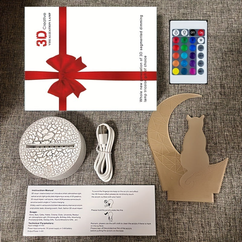 3D Moon Cat LED Night Light with 16 Colors Touch and Remote Control Warm White Base Gift