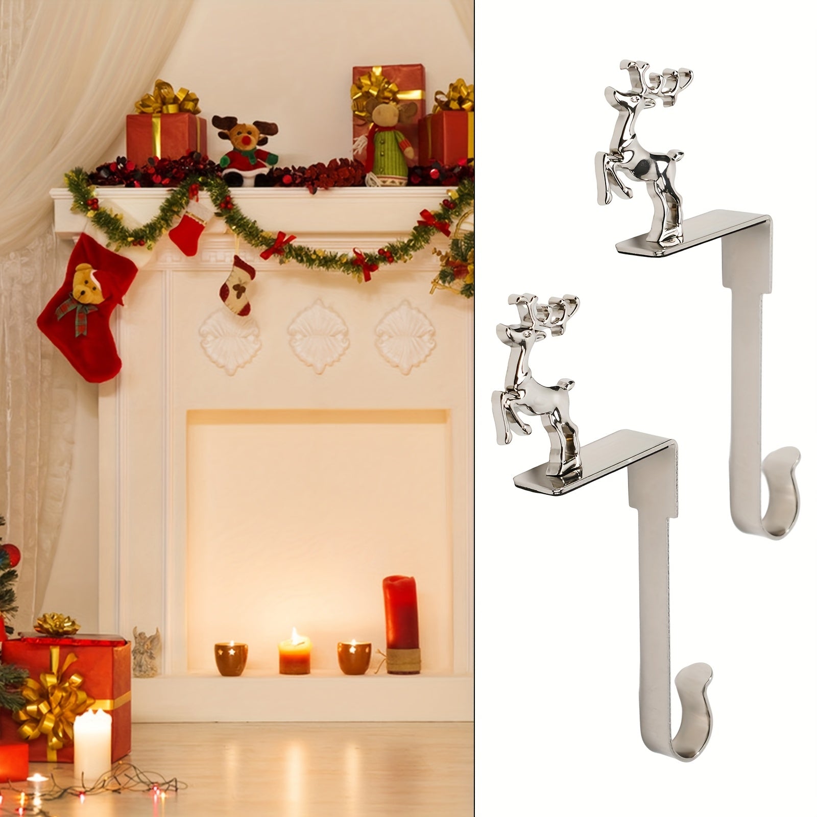 Set of 2 Christmas Mantel Stocking Holders Stainless Steel Snowflake Santa Elk