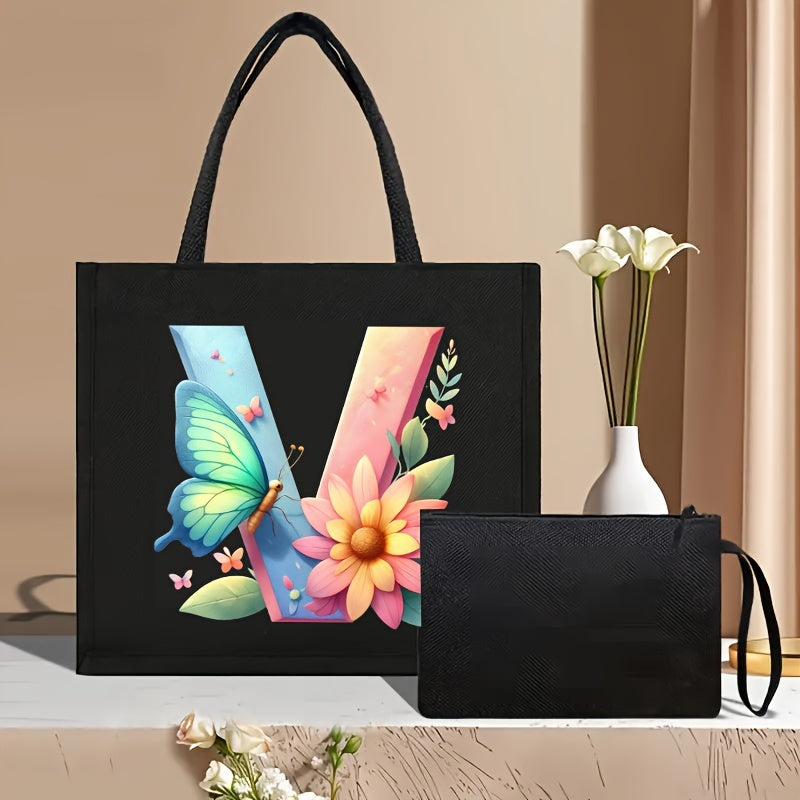 Set of 2 Floral Letter Print Canvas Tote Bags Large Handbag with Clutch Pouch
