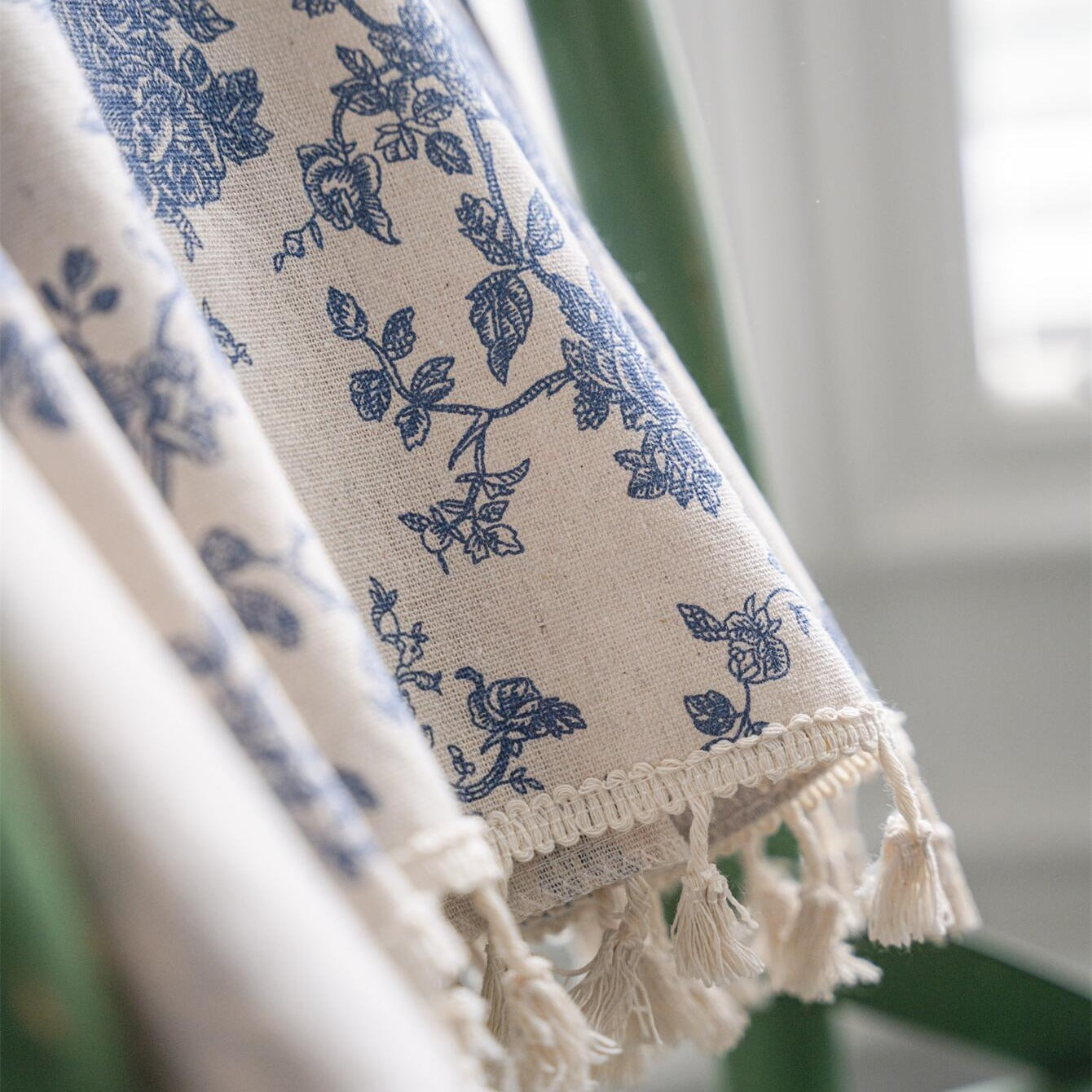 American Country Flower Cotton Linen Curtain Beige Fringed Window Drapery for Living Room Bedroom Kitchen