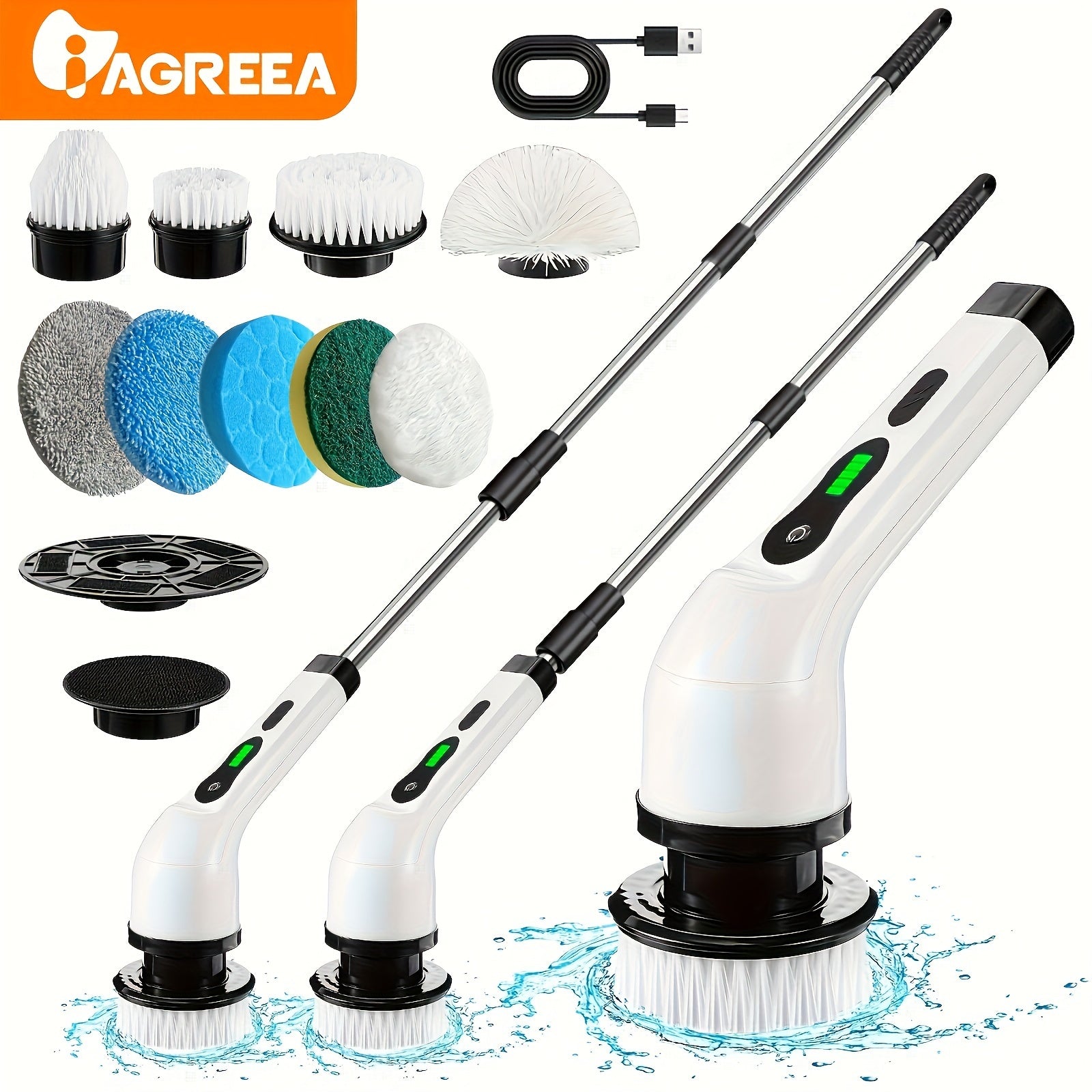 Elektr aylanuvchi yuvish vositasi, almashtiriladigan 6/9 cho'tkali boshlar bilan: hammomlar, vannalar va pollar uchun simsiz tozalash cho'tkasi - sozlanadigan uzaytirilgan tutqich va USB-C zaryadlash kabeli kiritilgan