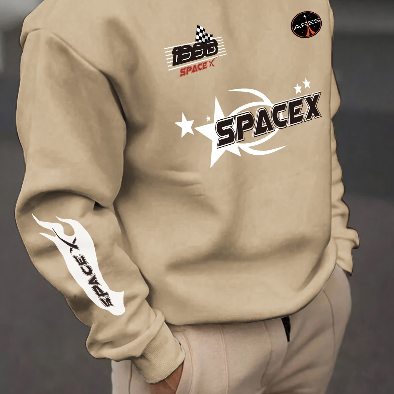 Men's Large Flame Tail Print Sports Hoodie with Long Sleeves and Crew Neck