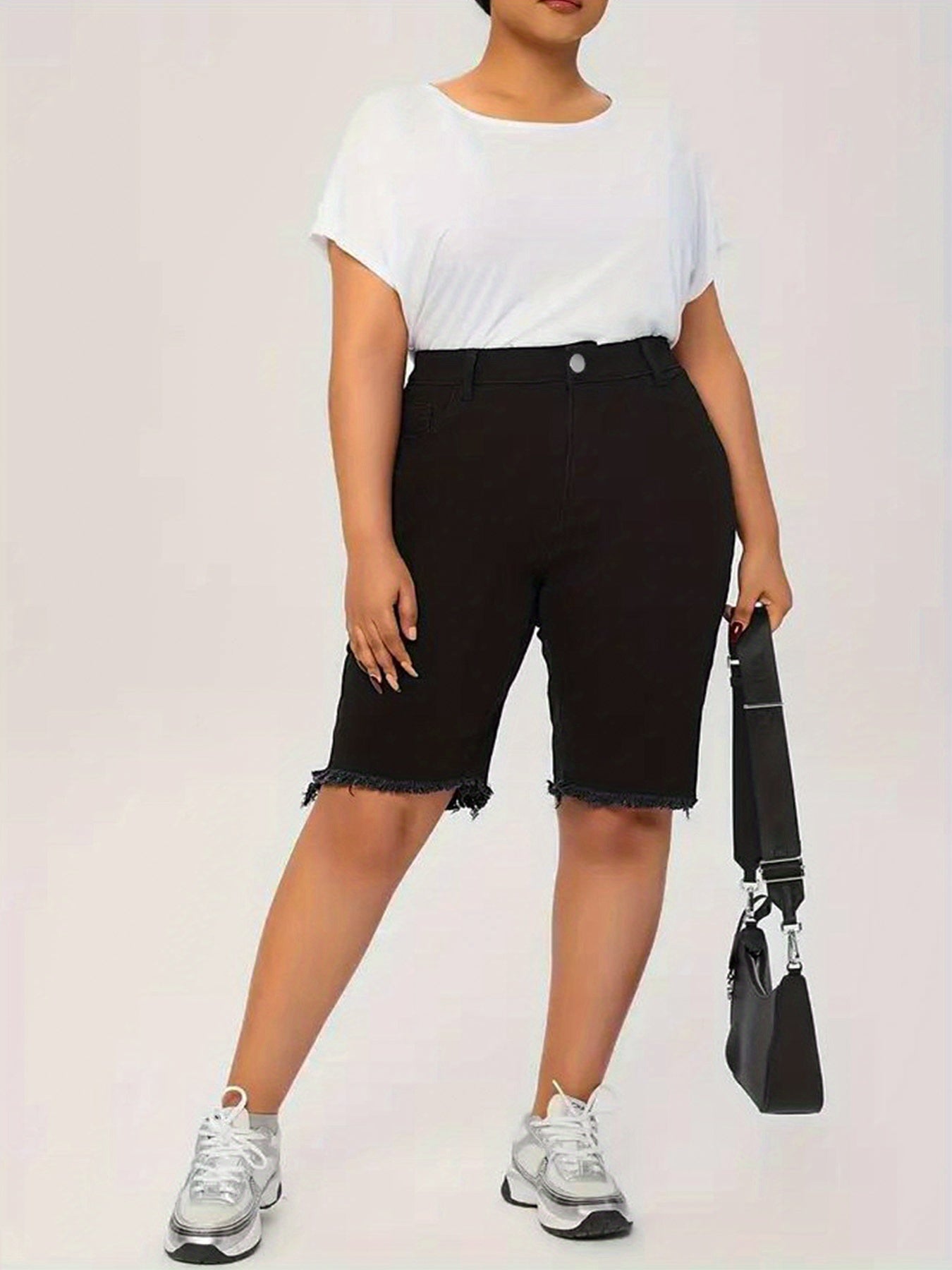 Ayollar uchun katta o'lchamli yuqori belli denim shortlar, qora, yupqa fit, kundalik, zippered