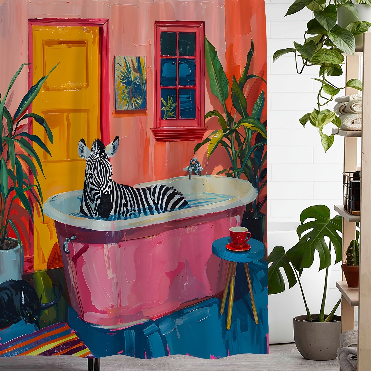 Polyester Shower Curtain with Vintage Zebra and Plant Print Includes 12 Hooks Animal Botanical Theme