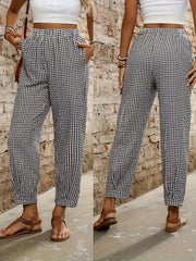 Plus Size Women's Gingham Casual Pants with Pockets Elastic Waist Blue White