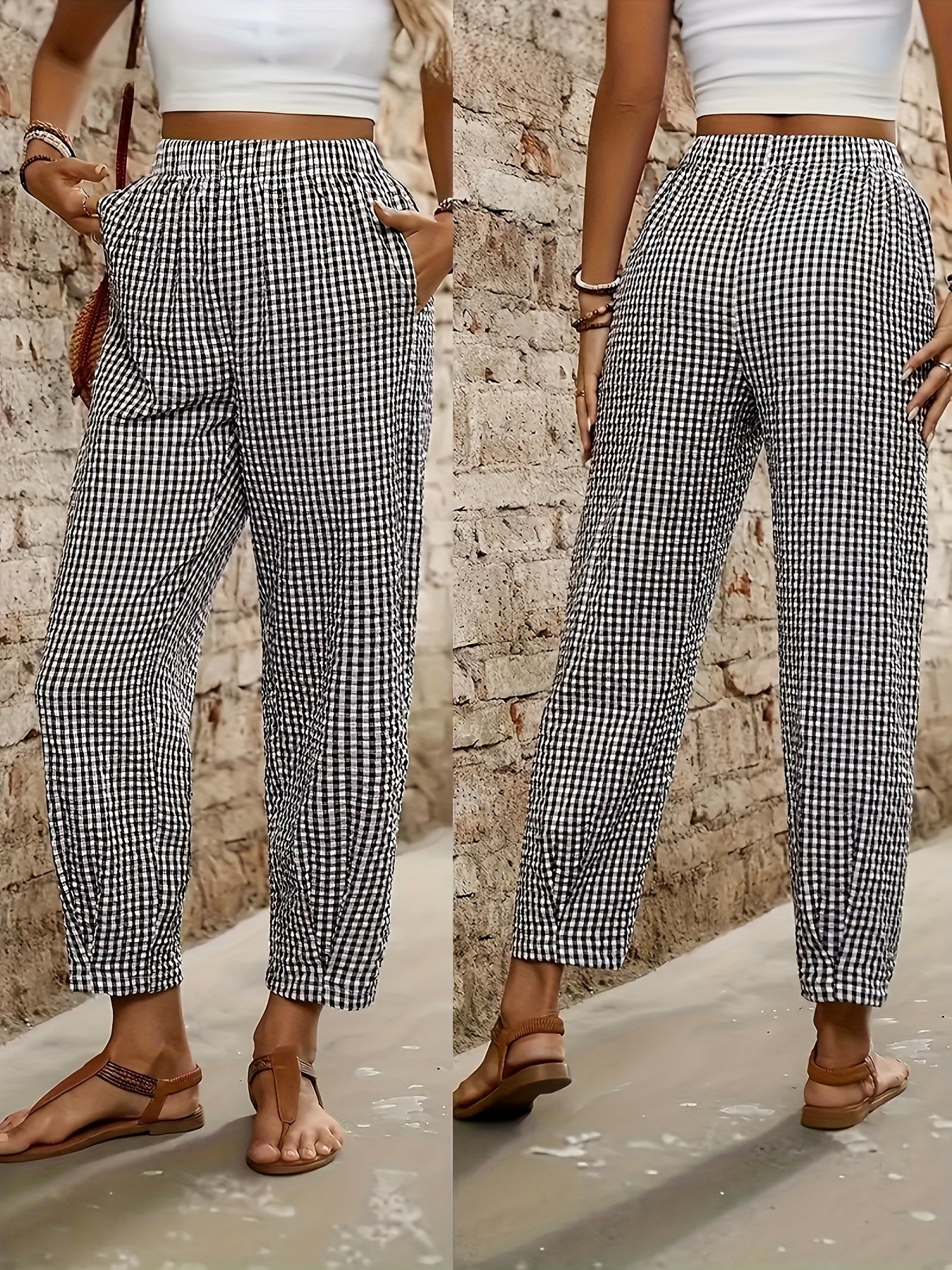 Plus Size Women's Gingham Casual Pants with Pockets Elastic Waist Blue White