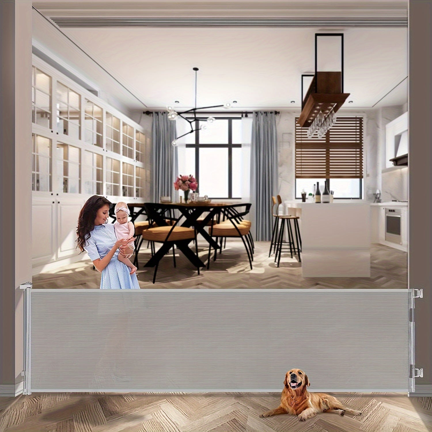 Baby Safety Gate Retractable Mesh Adjustable Height 83.82cm to 104.14cm for Doorways Stairs Hallways Indoor Outdoor