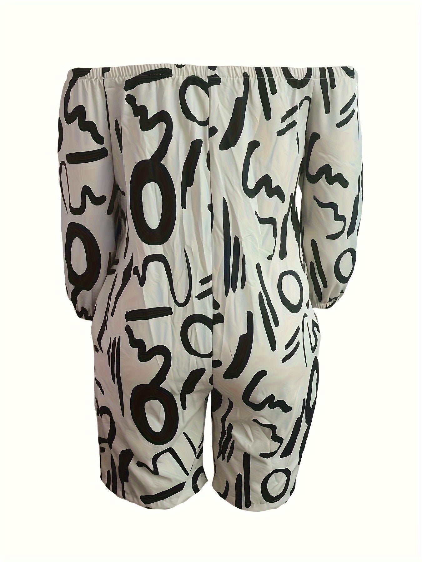 Mono de verano casual para mujer de talla grande con escote en los hombros y estampado abstracto en color beige de poliéster