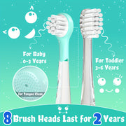 Kids Electric Toothbrush for Ages 0-6 with Whale Design, 8 Replacement Heads, 2-Minute Timer