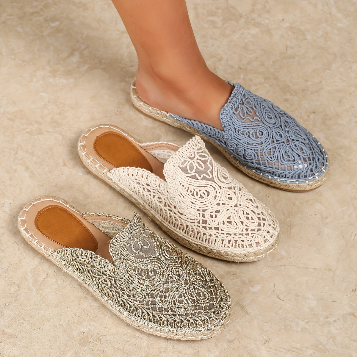 Women's Floral Embroidered Mules Lightweight Summer Slides with Round Toe and Flat Heel