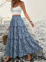Plus Size Women's Summer Floral Maxi Skirt Light Blue White Daisy Tiered Beach Casual