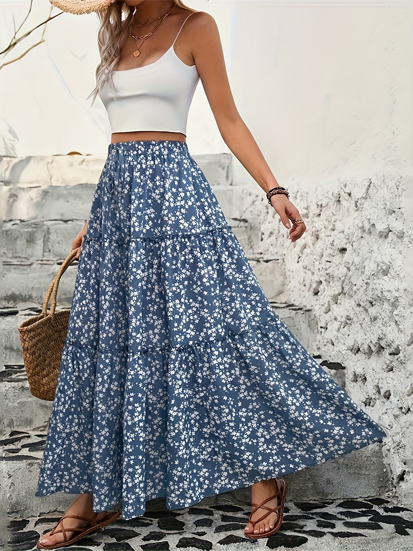 Plus Size Women's Summer Floral Maxi Skirt Light Blue White Daisy Tiered Beach Casual
