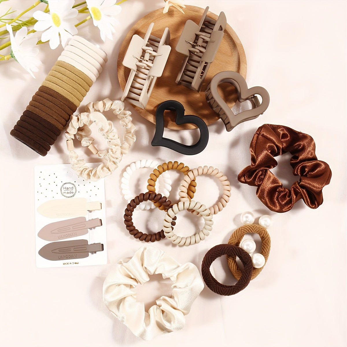 38-Piece Coffee Colored Hair Accessories Set for Women with Love Heart Designs and Frosted Finish
