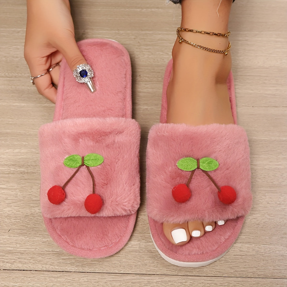 Women's Cherry and Green Leaf Slip-On Slippers, Soft EVA Sole, Indoor Outdoor