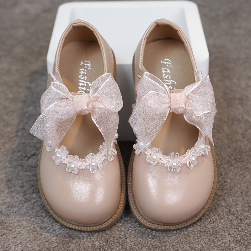 Girls' Princess Shoes with Bead Design Net Lace Bow for Parties and Daily Wear