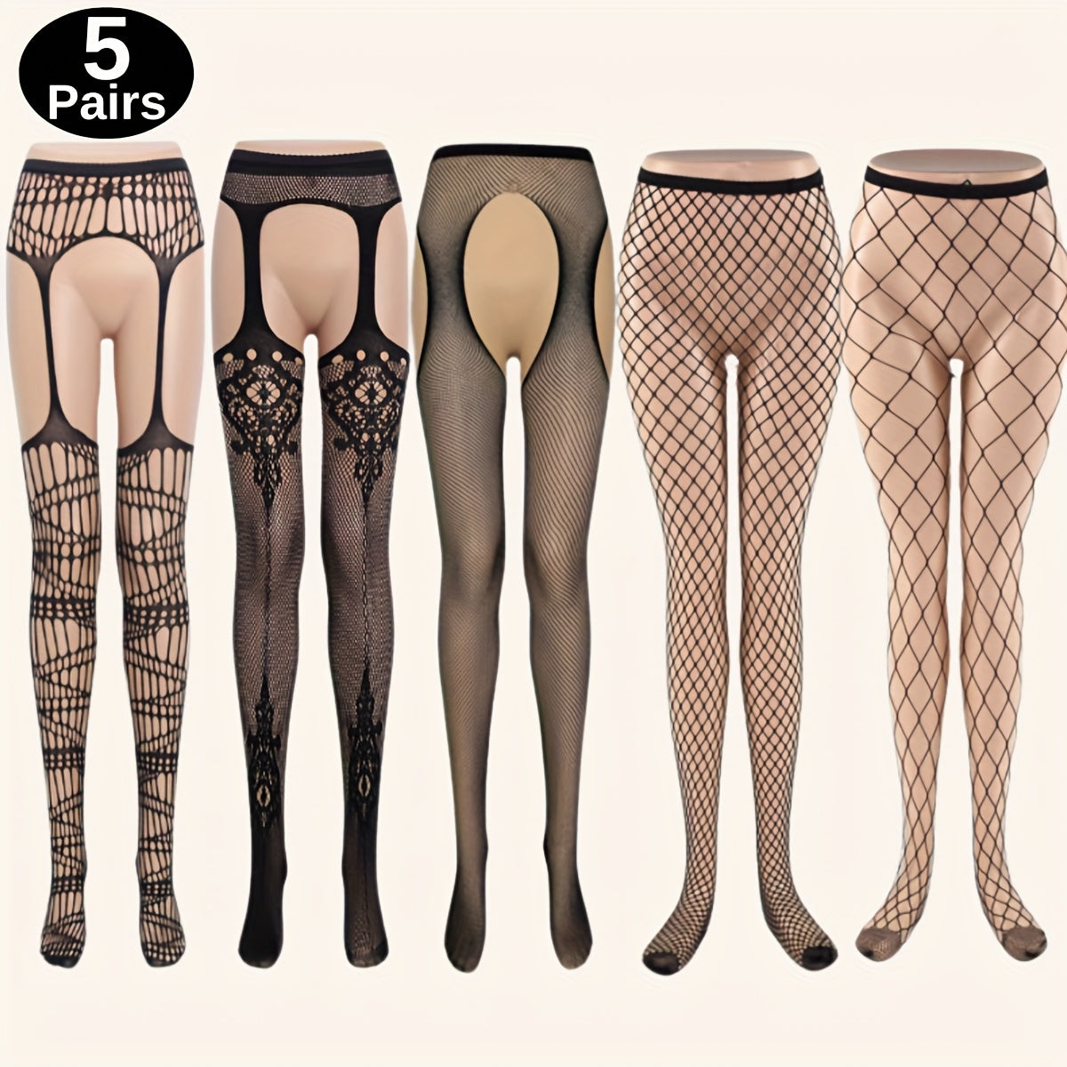 Women Fishnet Stockings 5 Pairs High Waist Garter Hollow Open Underwear