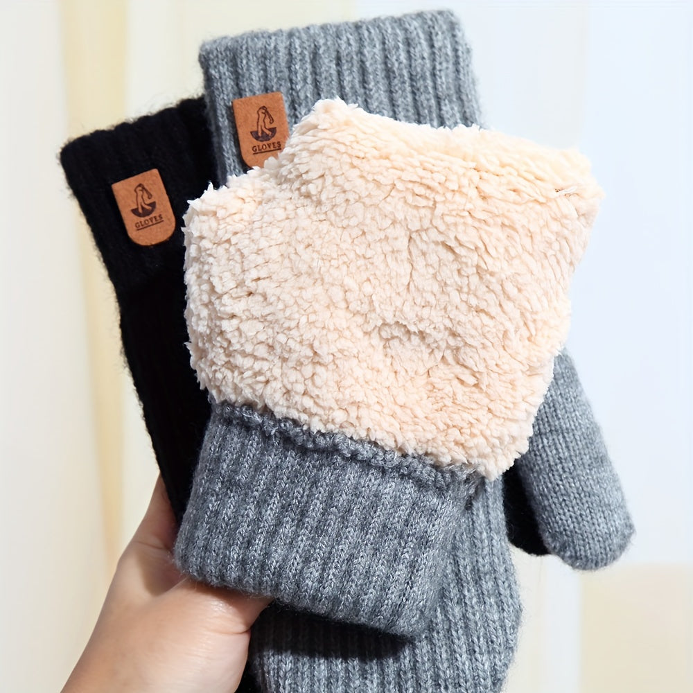 Women's Fleece-Lined Gloves Solid Color Striped Knit Warm Casual Outdoor