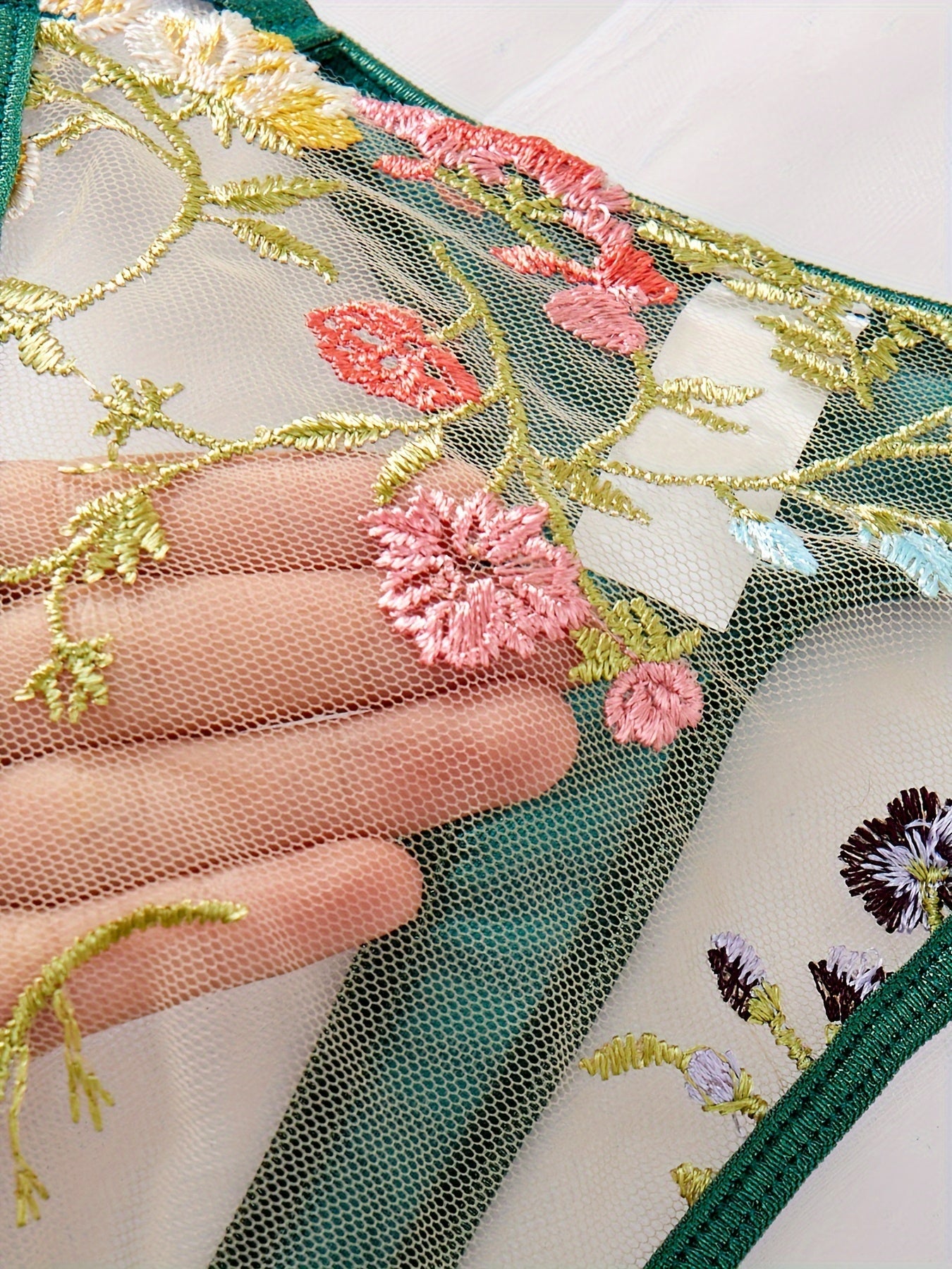 Women's Lingerie Set with Semi-Sheer Mesh Flower Pattern and Hanging Leg Straps Bra and Thong