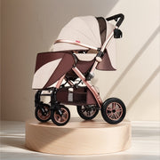 Kids Stroller Khaki and Brown Striped with High Carbon Steel Frame One-Hand Fold Front-Facing