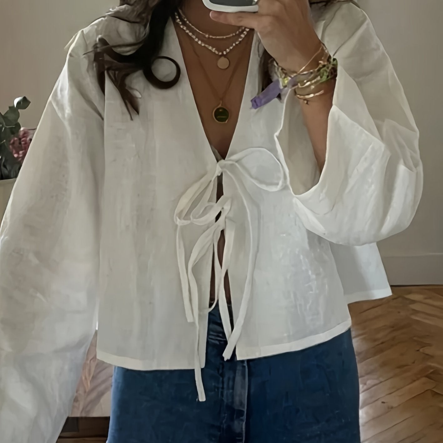 Women's V-Neck Tie Front Polyester Shirt Solid Color Spring Fall Adult Sizes