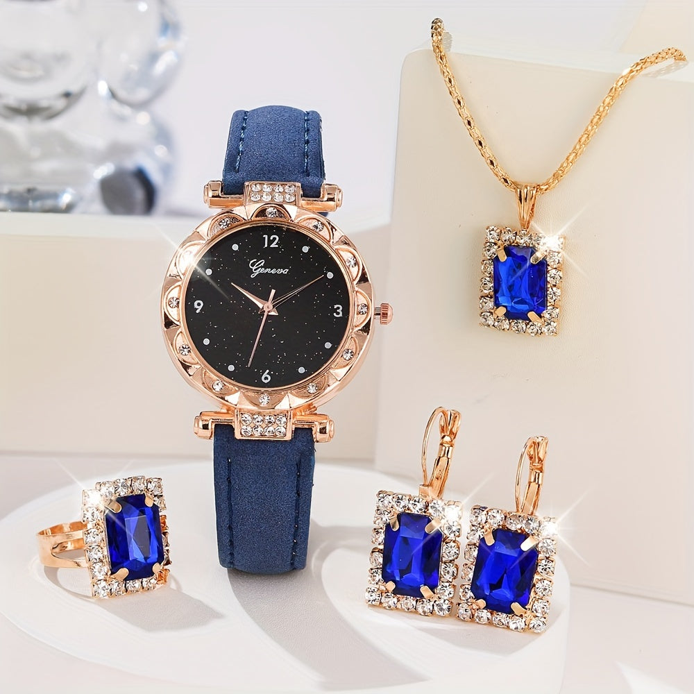 Women's Jewelry Set of 5 Shiny Rhinestone Quartz Watches and Bracelets Made of PU Leather