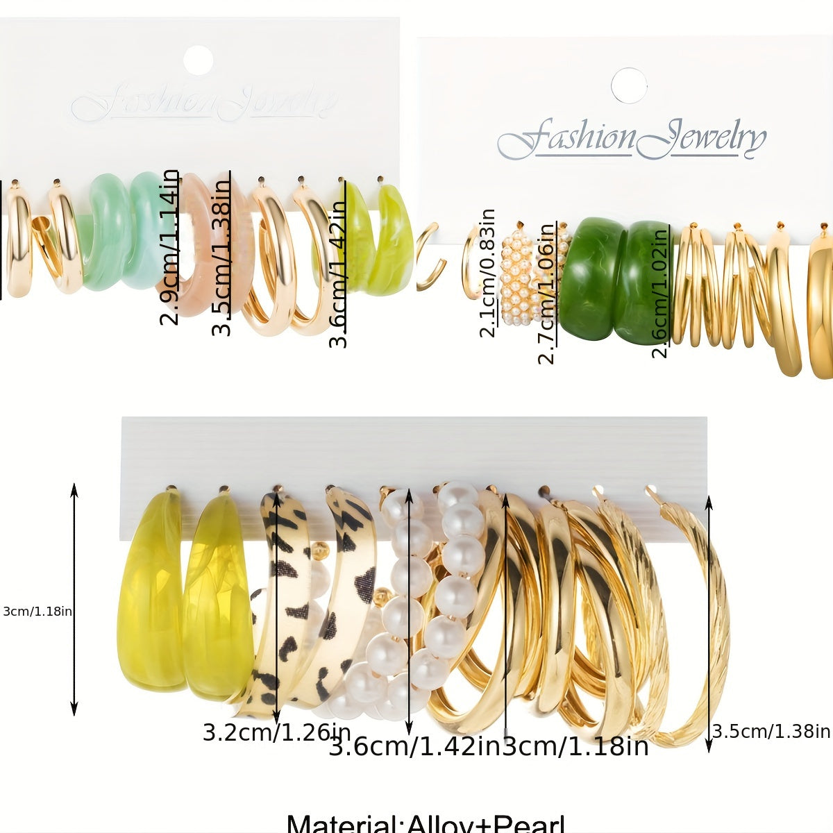 15 ta nafis rezina qotishma halqa sirg'alar to'plami, soxta marvarid doira dizayni bilan, ayollarning kundalik kiyimlari uchun vintage nafis uslubini namoyish etadi.