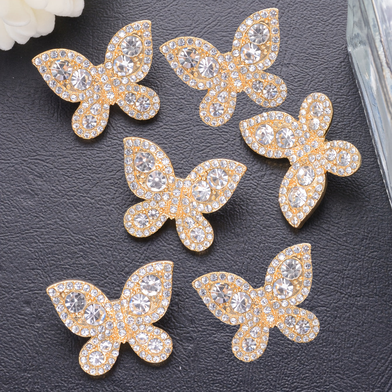 Set of 5 French-Inspired Butterfly Buttons with Rhinestones Metal Alloy Decorative Fasteners for Clothing
