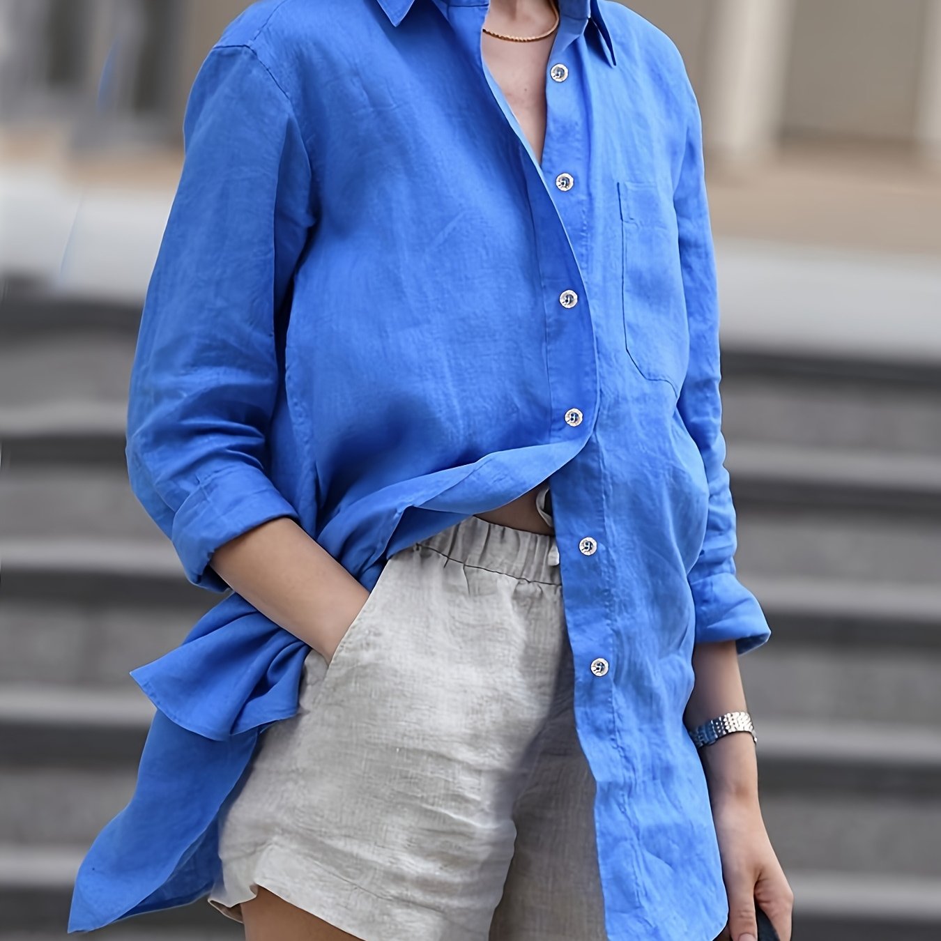 Plus Size Women Solid Color Button-Up Shirt Casual Dressy Top