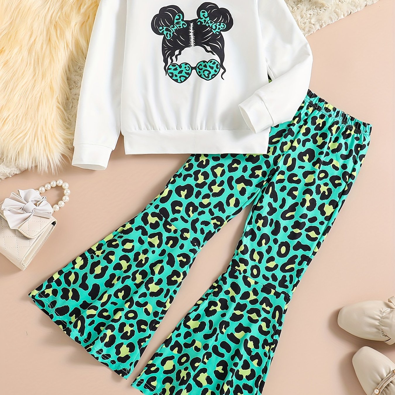 Girls' 2-Piece Outfit Sweatshirt and Leopard Flared Pants with Sunglasses for Spring Fall Kids
