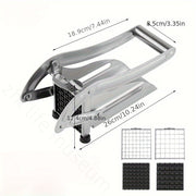 Qoʻlda kesish uchun ikki pichoq bilan stainless steel French fry cutter, kartoshka va boshqa meva va sabzavotlarni kesish uchun. Barqarorlik uchun yopishmaydigan asos. Uy va professional oshxonalarga mos.