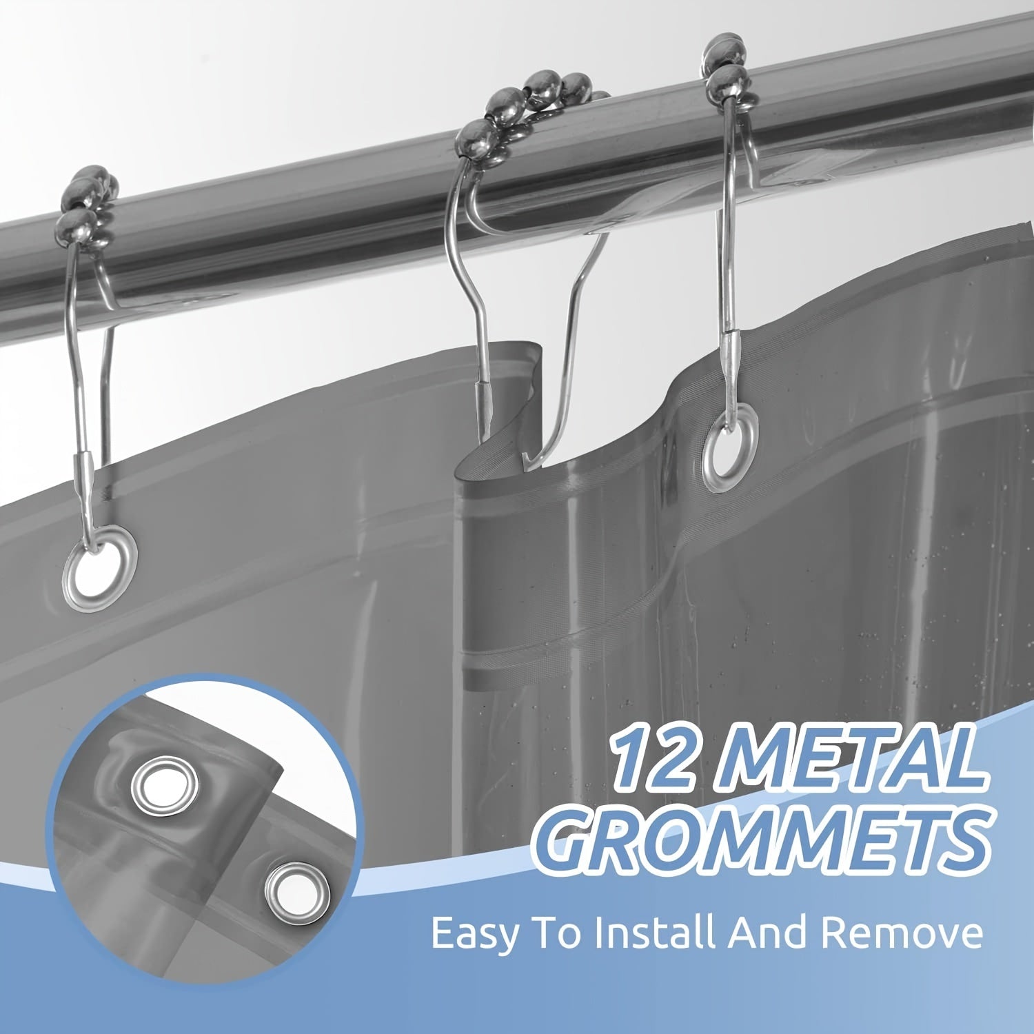 Waterproof PEVA Shower Curtain Liner with 12 Hooks 180x180cm for Bathtub