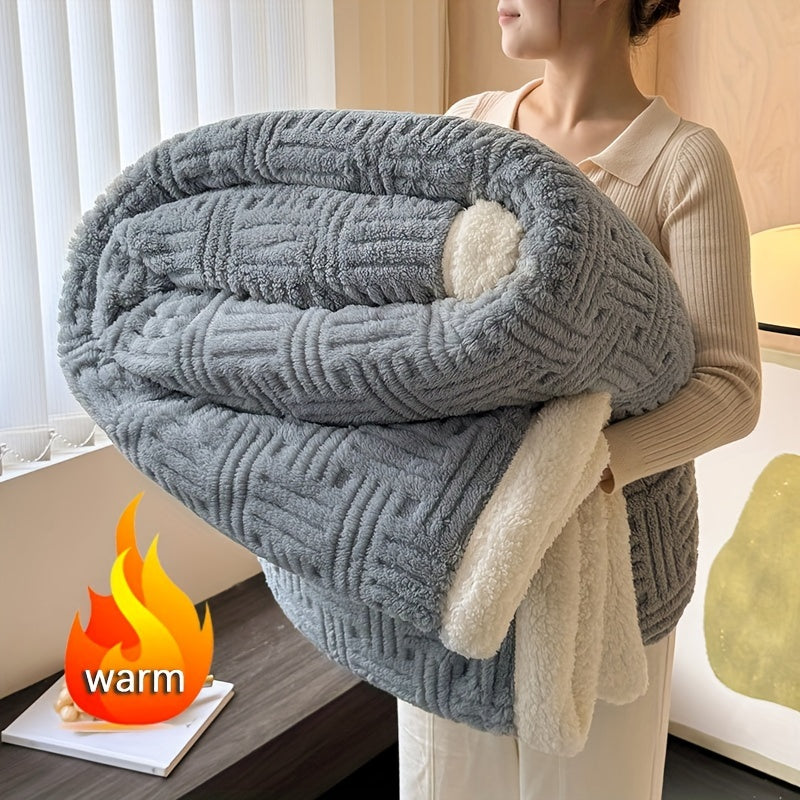 Одна современная двусторонняя вельветовая одеяло с геометрическим узором жаккард. Этот мягкий и теплый плед из шерпы идеально подходит для использования на диване, кровати или для кемпинга на открытом воздухе. Он отлично подходит для любого времени года.