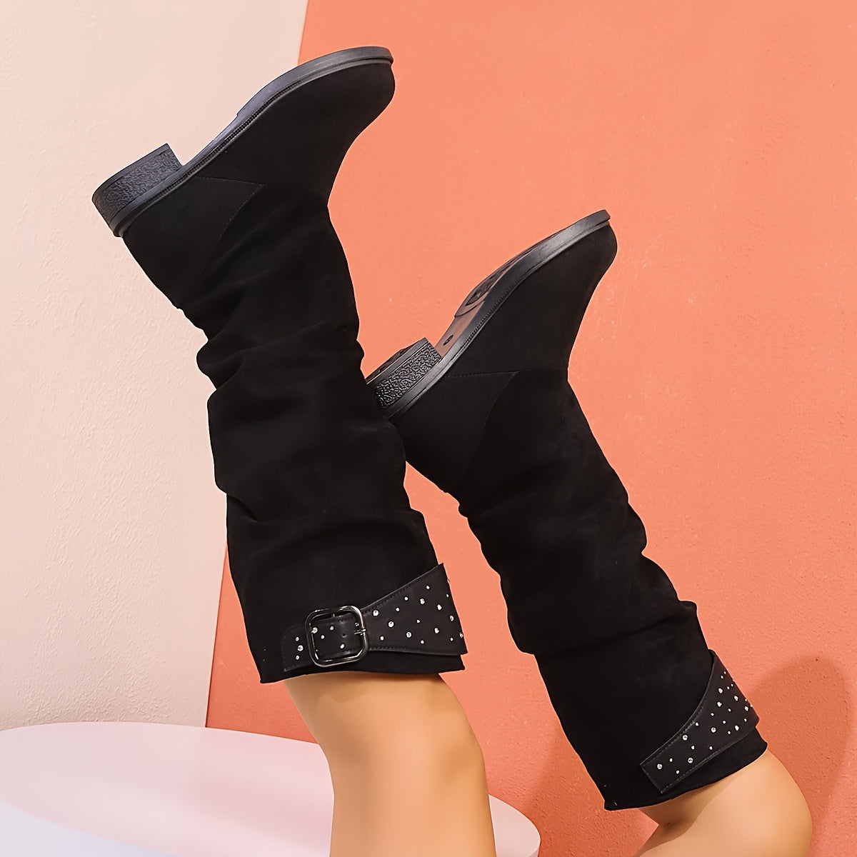 Женские сапоги из искусственной кожи до колена с стразами, каблук-кубик, на slip-on