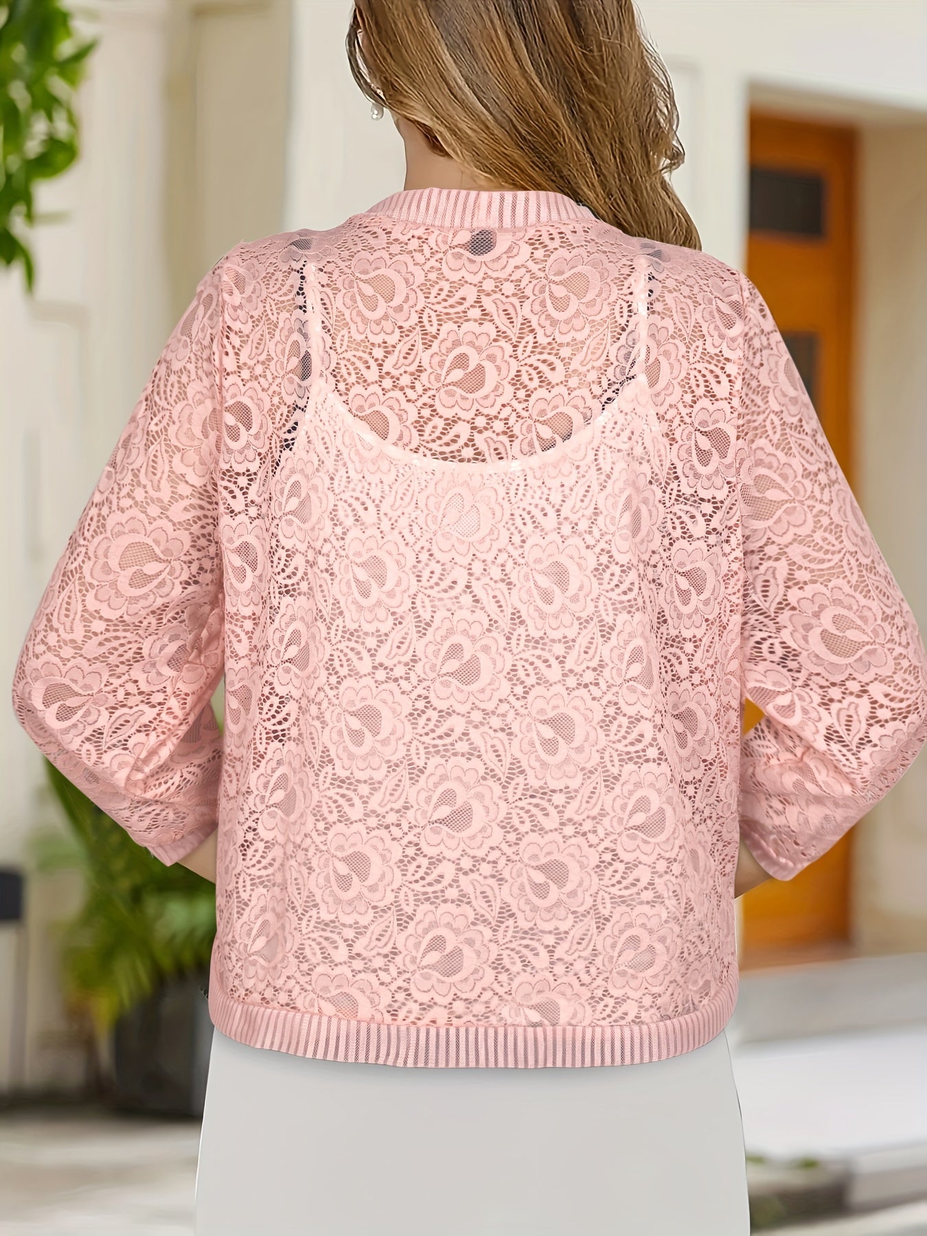 Plus Size Floral Lace Open Front Top Women's Long Sleeve Casual Spring Summer