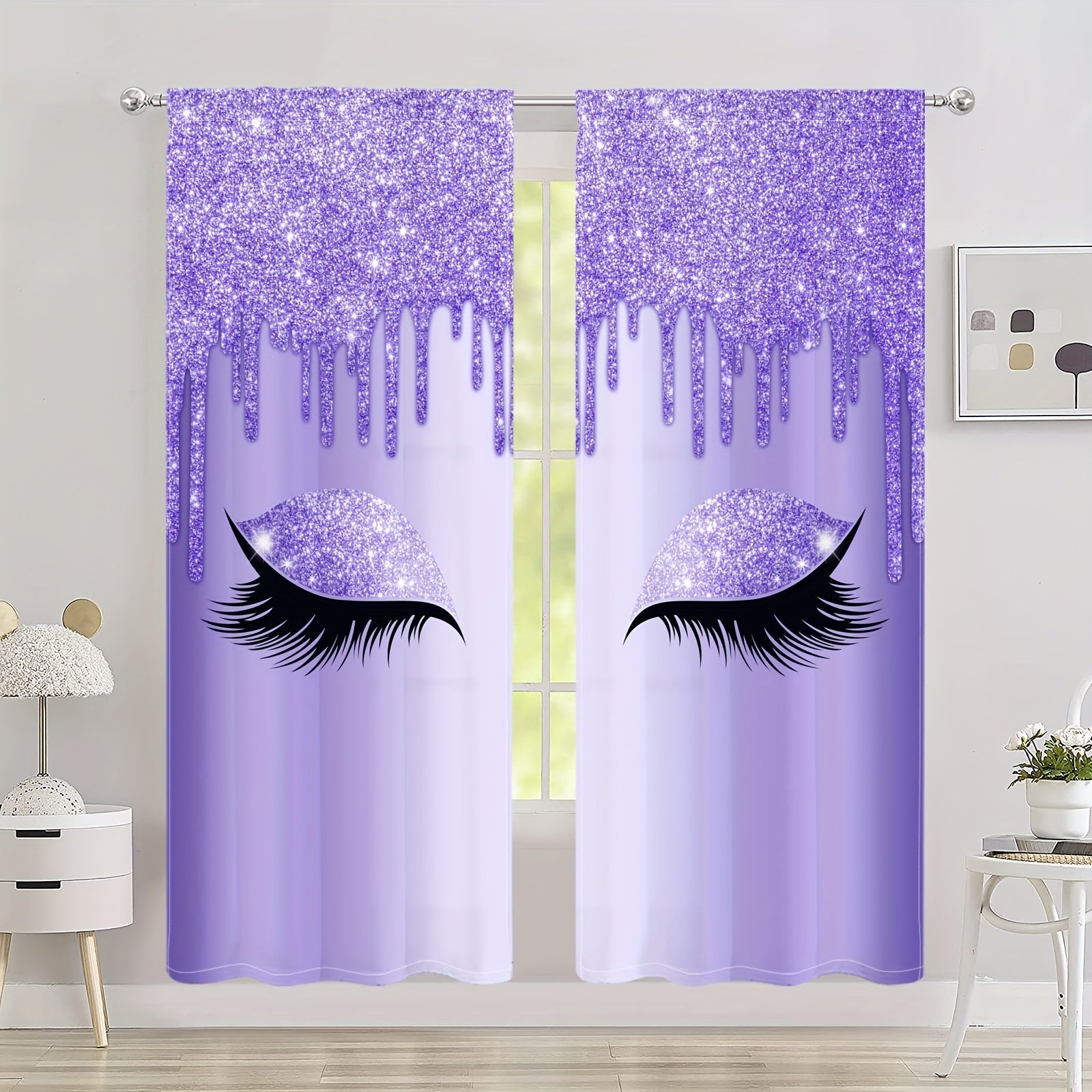 Set of Two Eyelash Printed Curtains, Rod Pocket Window Treatments for Bedroom and Living Room