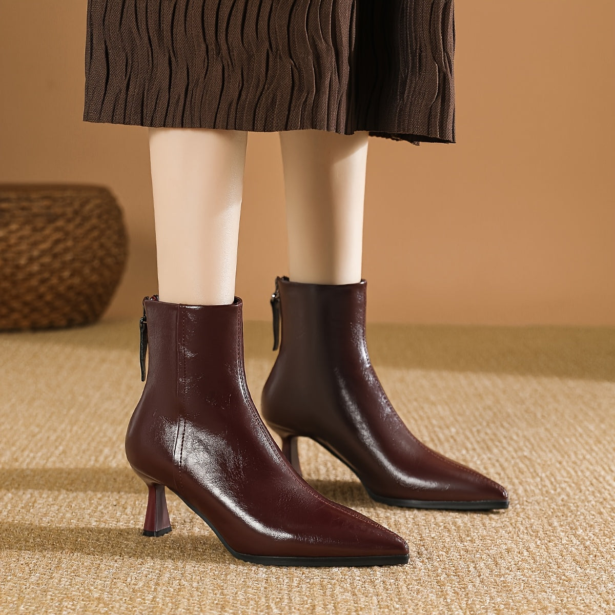 Women's Faux Leather Ankle Boots with Pointed Toe and Back Zipper