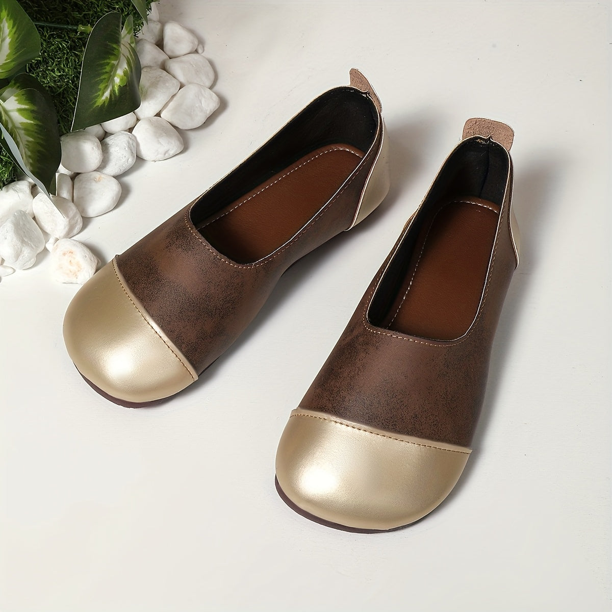 Women's Two-Tone Slip-On Flats Brown and Gold Casual Mary Jane Shoes