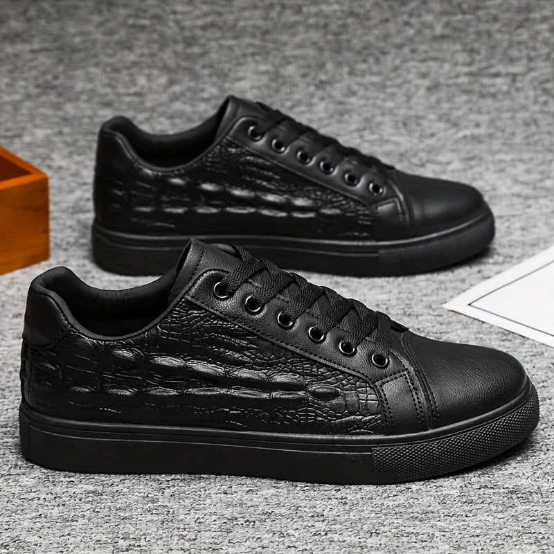 Men's Black Crocodile Pattern Casual Sneakers with Soft Sole and Lace-Up