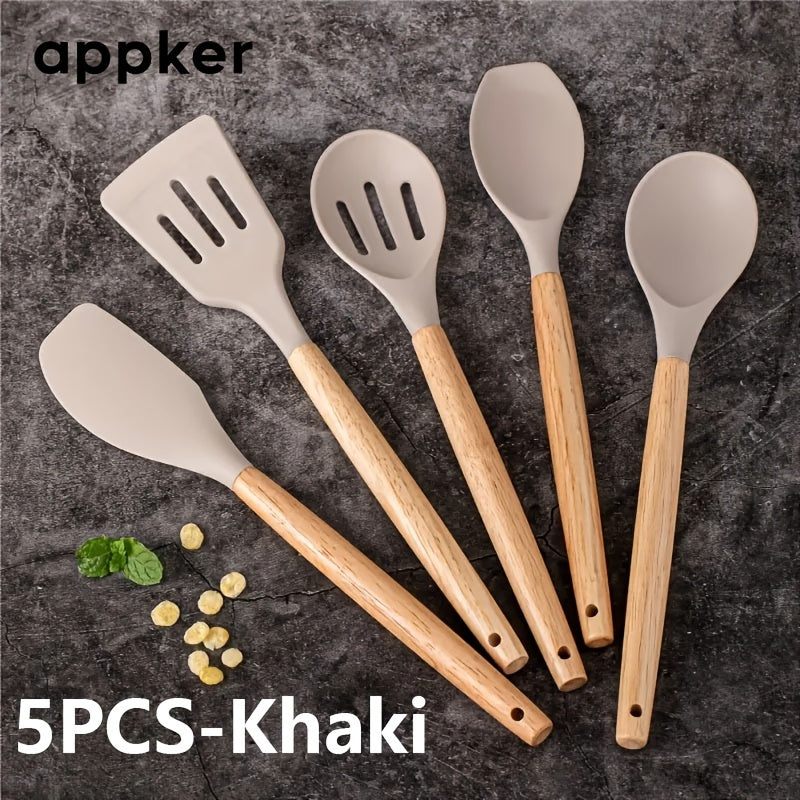 12-Piece Non-Stick Silicone Kitchen Utensil Set with Wooden Handles Heat-Resistant Durable Safe for Cooking and Baking