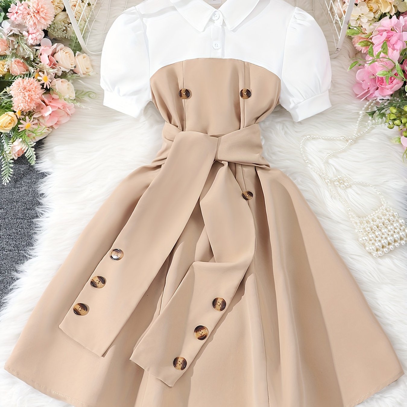 Girls Summer Dress Short Sleeve Collared Beige White Leopard Buttons Belt Casual Polyester