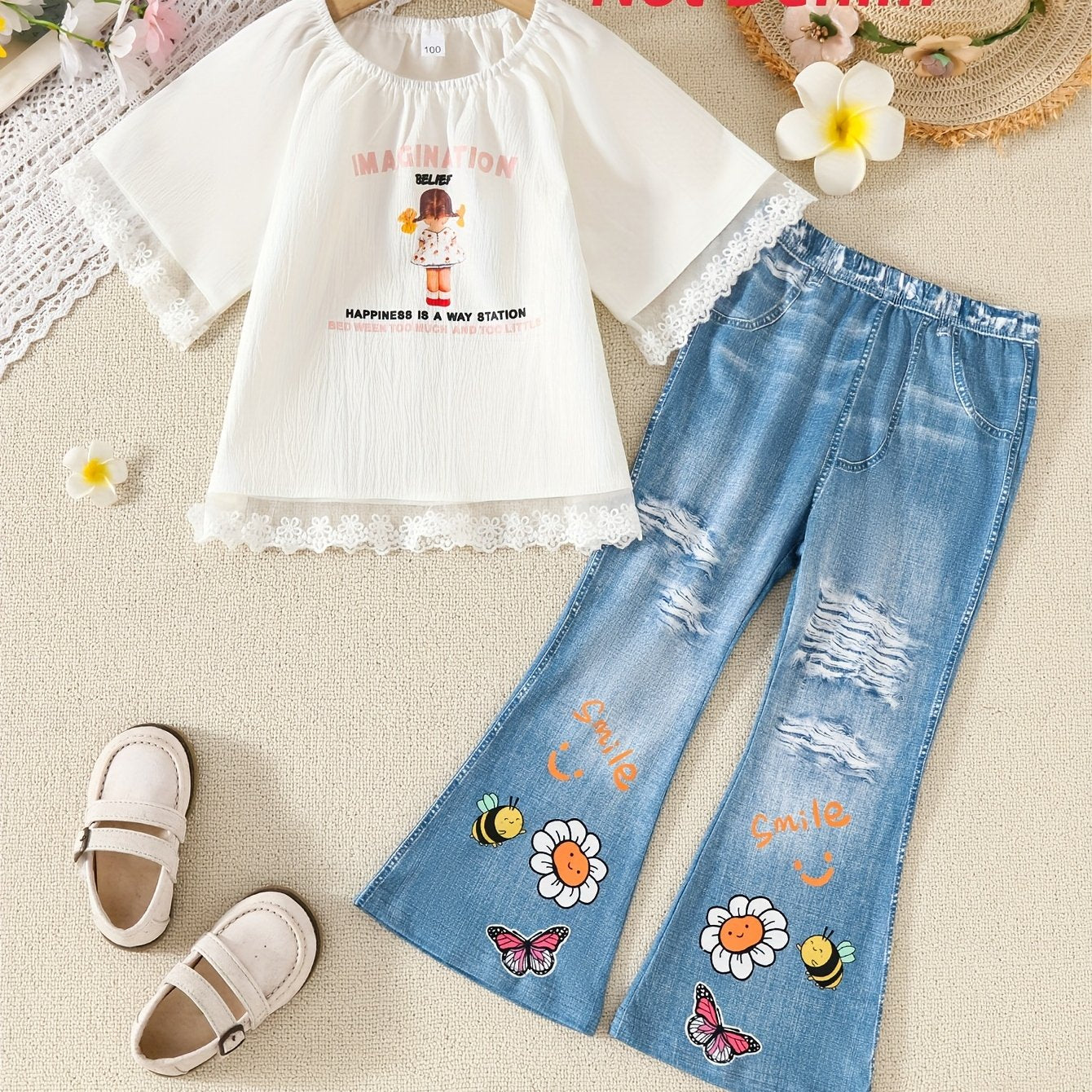 Girls Summer Outfit Set with Lace-Trimmed Top and Faux Denim Pants for Casual Outdoor Wear