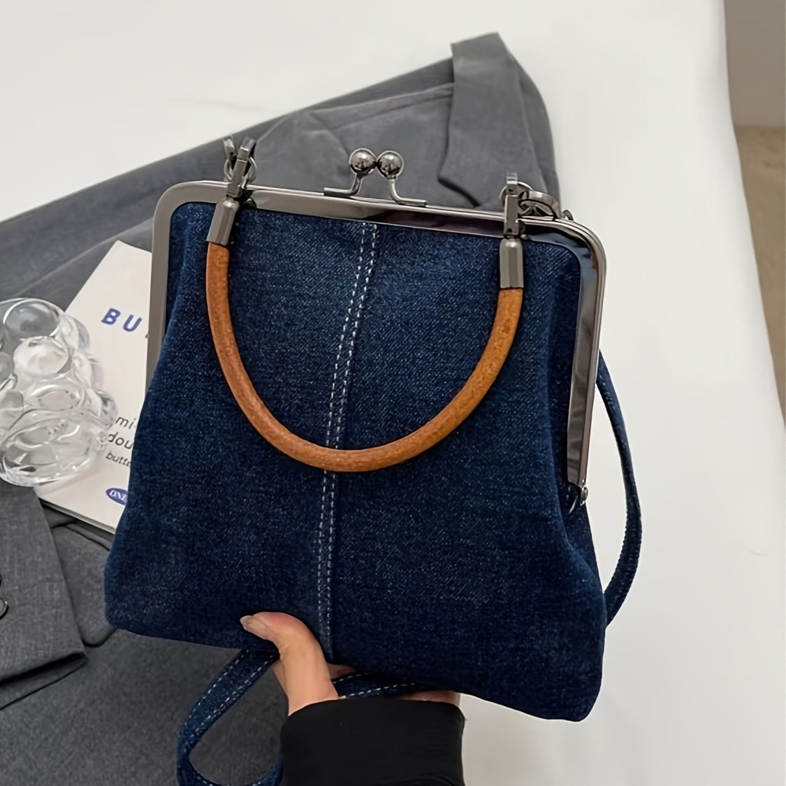 Handcrafted Denim Crossbody Bag for Women with Clasp Closure and Wooden Handle